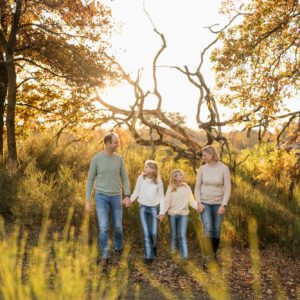 Eine Familie mit zwei jungen Kindern steht händchenahltend in der Natur. Das goldenen Sonnenlicht strahlt sie von hinten an. - Familienshooting